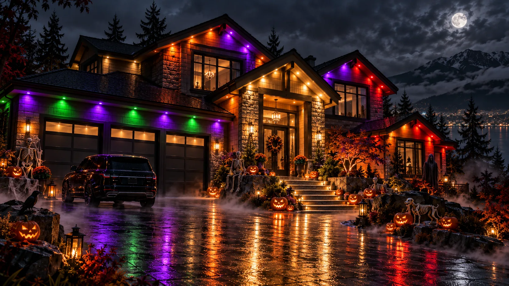 Rendering of a Lower Mainland home displaying orange, purple, green, red, and warm-white Halloween lighting combinations
