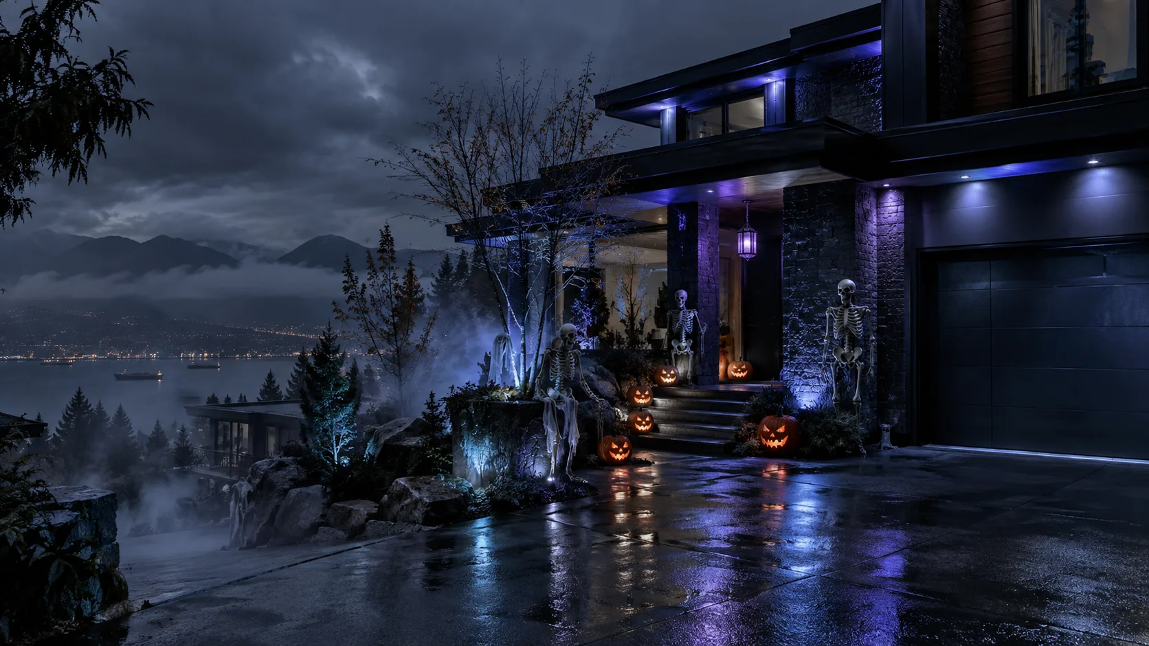 Modern Vancouver home with atmospheric blue and purple permanent Halloween lighting