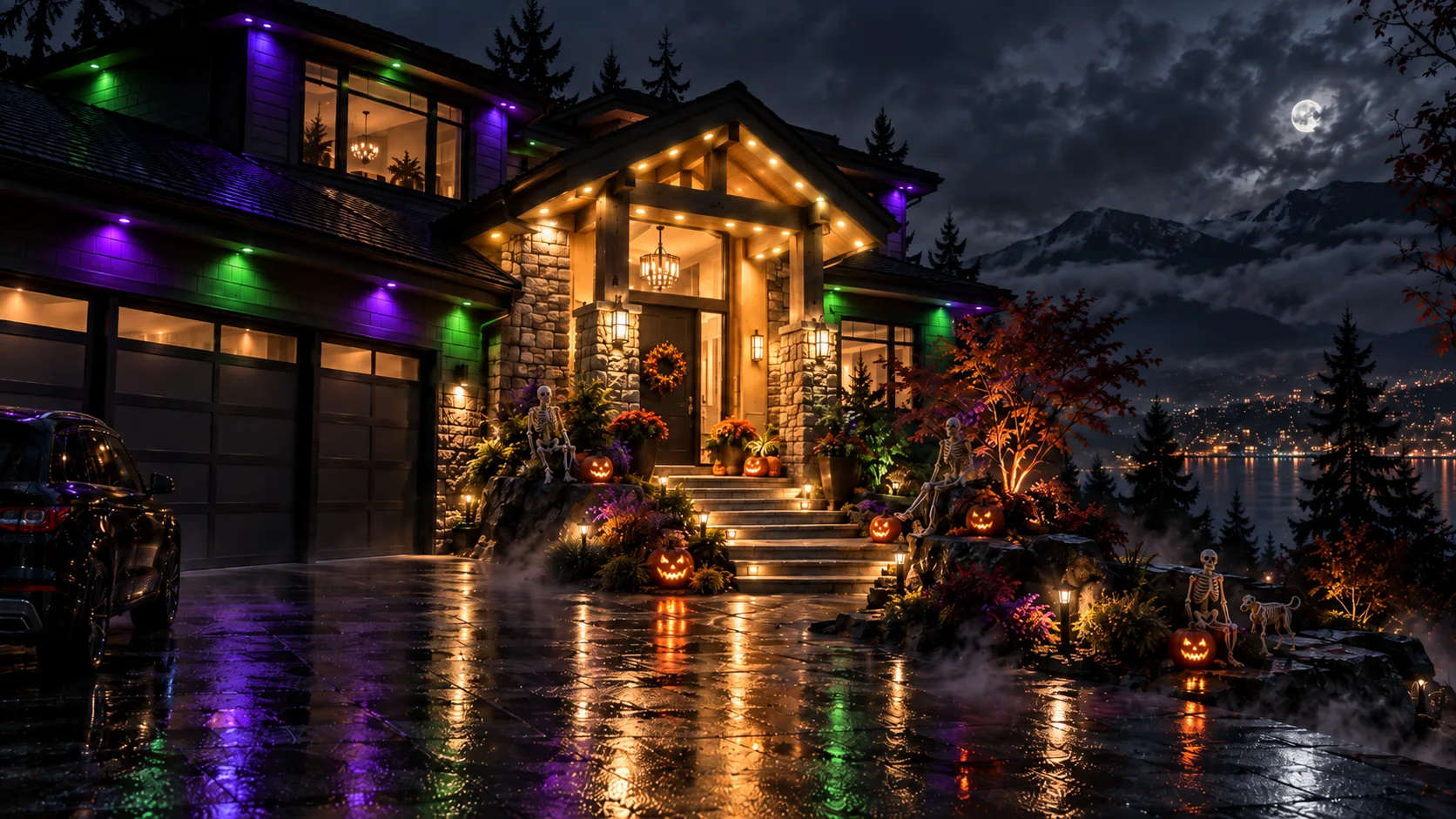 Vancouver home with bright warm-white entrance lighting and purple and green Halloween roofline lights