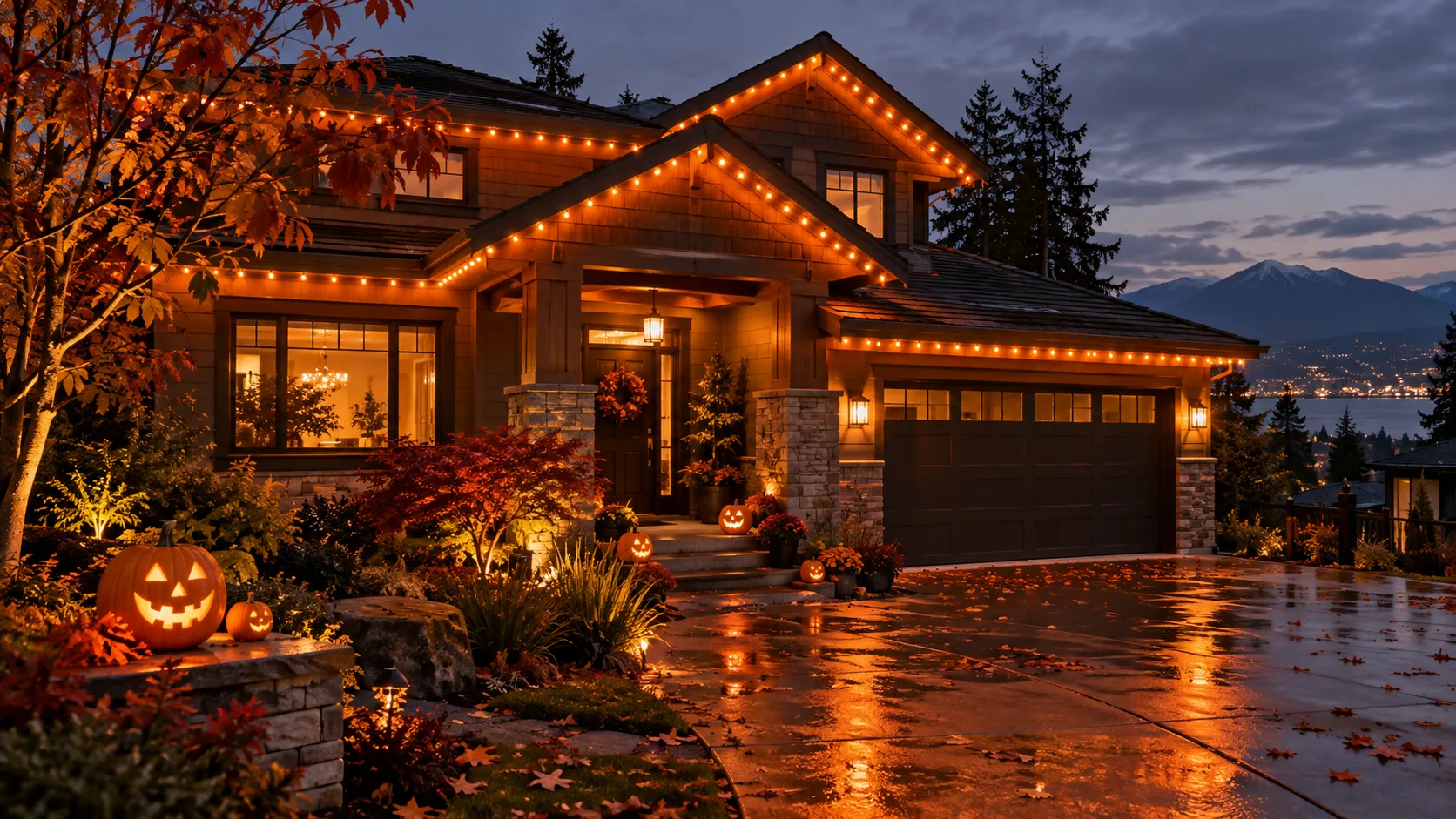 Vancouver home with warm orange permanent roofline lights and pumpkin decorations for Halloween