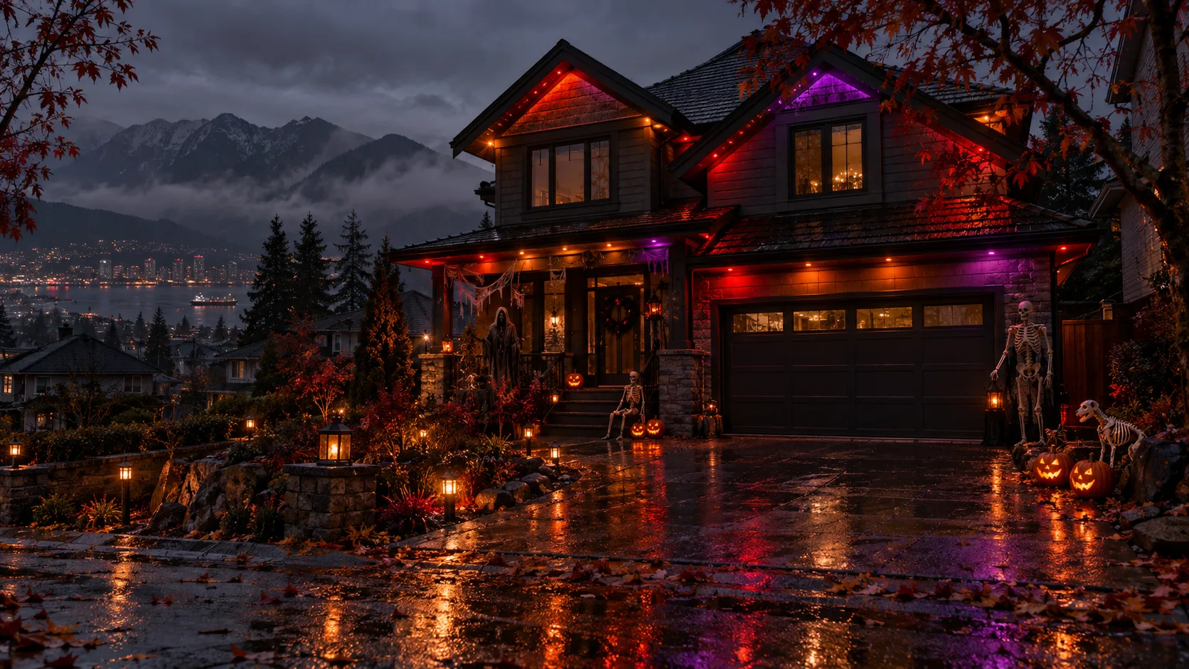 Vancouver hillside home with red, orange, and purple permanent Halloween lights on a rainy evening