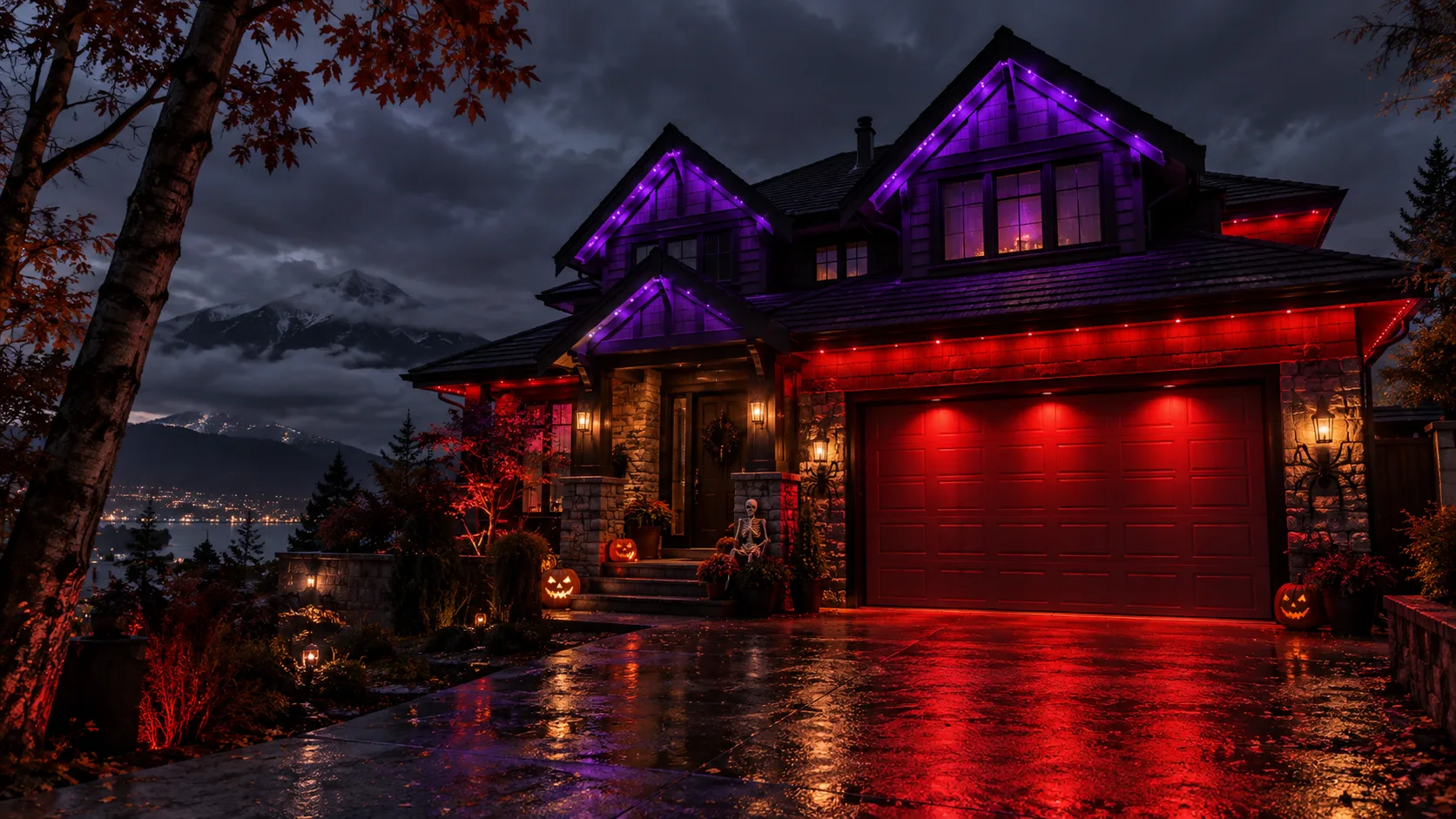 Vancouver hillside home illuminated with dramatic red and purple permanent Halloween lights