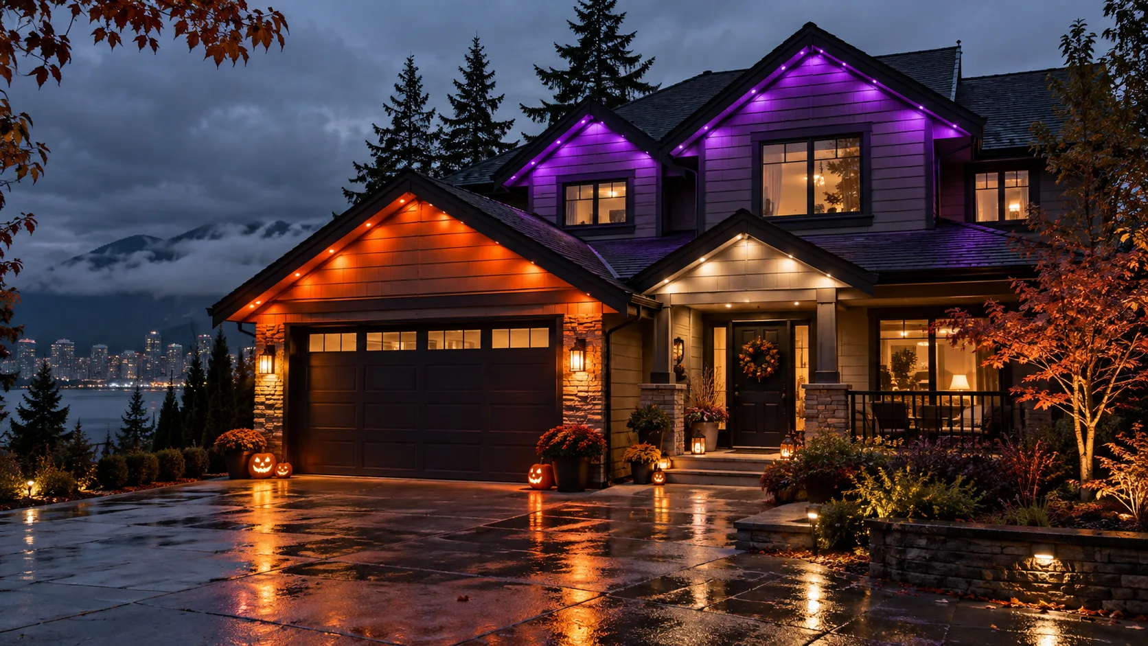 Vancouver home with orange and purple permanent roofline lights for Halloween