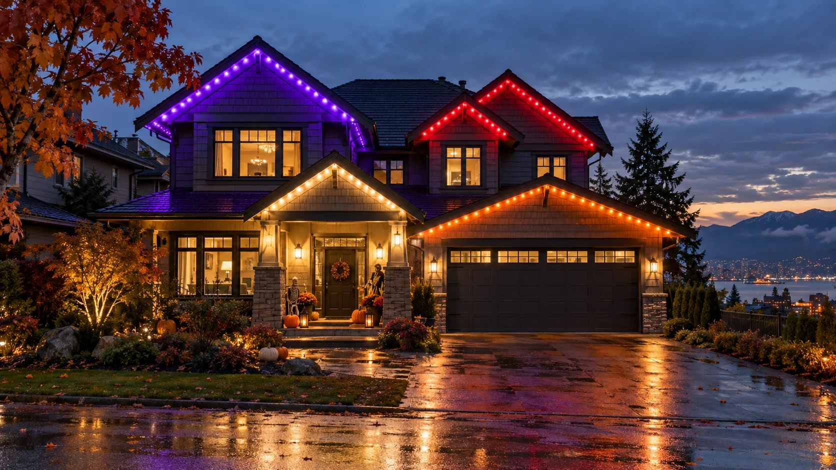 Vancouver home using separate purple, red, orange, and warm-white permanent lighting zones for Halloween
