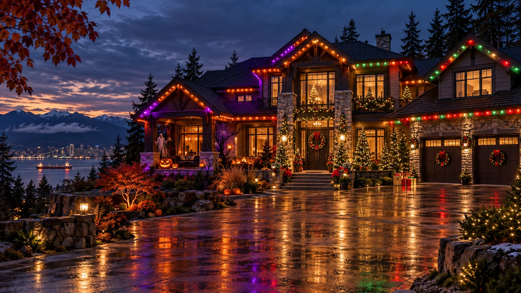 Vancouver home showing permanent lights transitioning from orange and purple Halloween colours to red and green Christmas colours