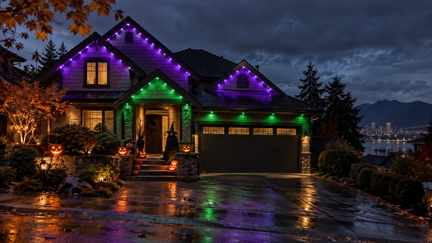Vancouver home with purple and green permanent roofline lights for a witch-themed Halloween display