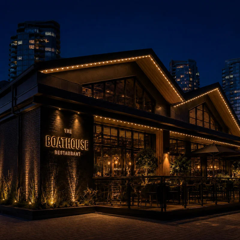 Vancouver waterfront restaurant with warm white permanent LED roofline and string lighting installed by Vancouver Glow