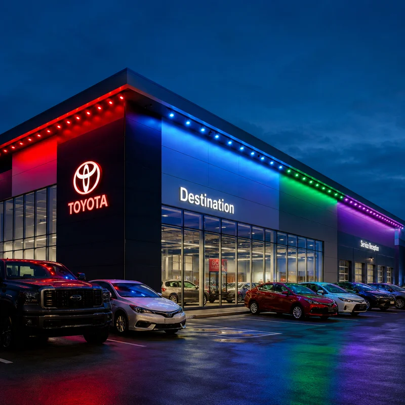 Vancouver car dealership with multicolour permanent LED roofline lighting installed by Vancouver Glow
