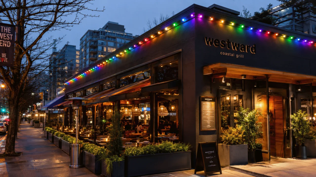 Vancouver restaurant with permanent outdoor LED lighting installed by Vancouver Glow