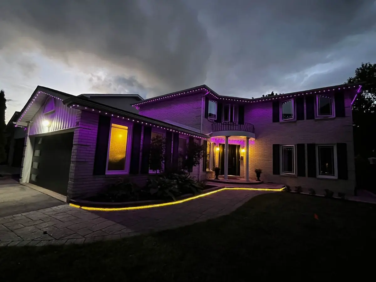 Vancouver home with purple soffit-mounted permanent LED lighting